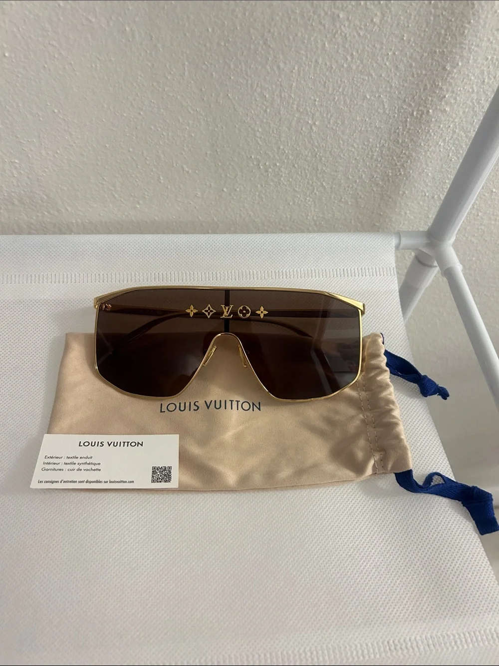 Louis Vuitton Men’s Gold Frame Brown Shield Sunglasses with LV Brow Motif